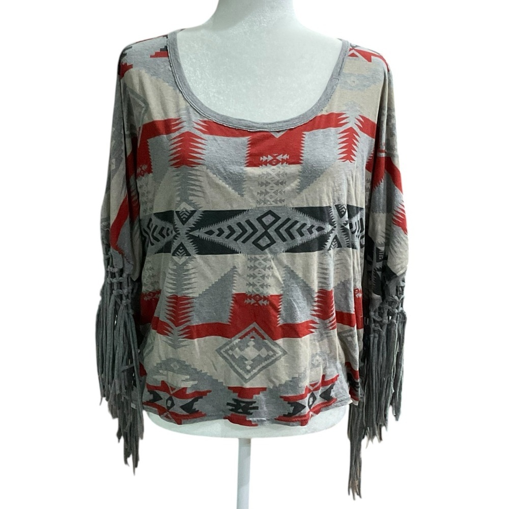 Ralph Lauren Denim & Supply Women's M Gray Aztec Fringe Tunic Blouse​ - Picture 2 of 9